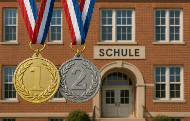 Medaillen vor dem Hintergrund einer Schule. Generiert von ChatGPT.